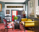 <p>We love the bright, unexpected colors found inside this modern colonial home designed by interior designer <a href="https://www.veranda.com/home-decorators/a28577724/tony-baratta-williamsburg-home-tour/" rel="nofollow noopener" target="_blank" data-ylk="slk:Anthony Baratta" class="link ">Anthony Baratta</a>. Despite being a small living room, this room boasts a larger-than-life style thanks to the vivid colors, enlarged font, and mismatched furniture that just works. </p>