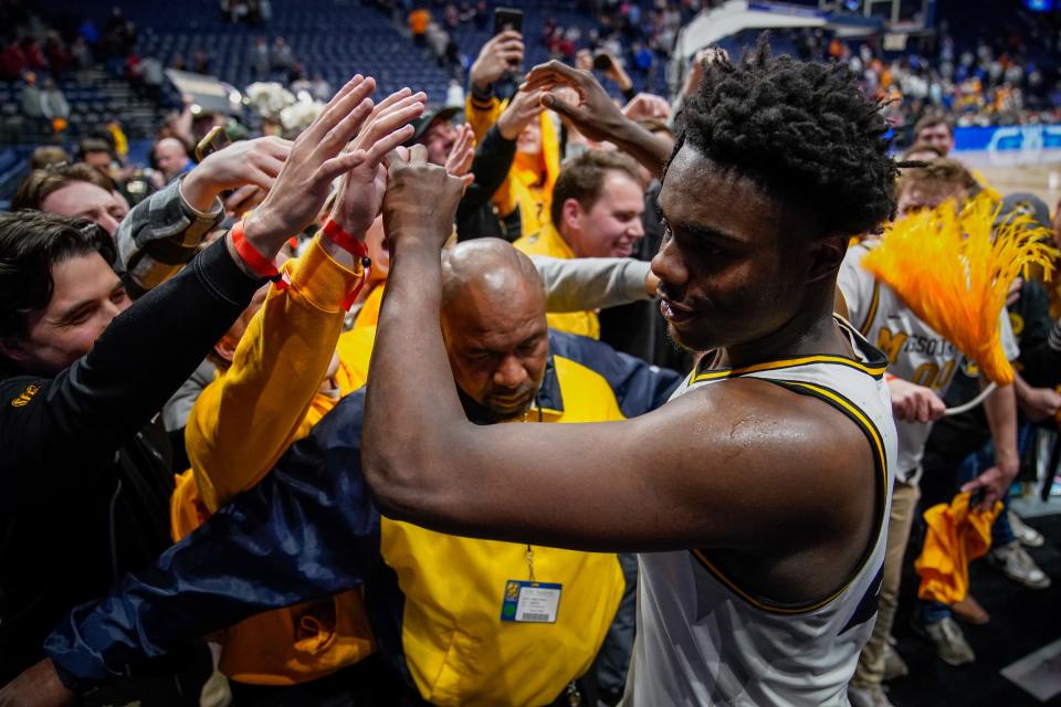 Missouri guard Kobe Brown (24) celebrates after defeating Tennessee in a SEC Men’s Basketball Tournament quarterfinal game at Bridgestone Arena in Nashville, Tenn., Friday, March 10, 2023.