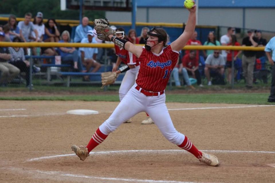 Lafayette’s Claire Cronan delivers a pitch in her no-hitter against Lexington Catholic in the 43rd District tournament championship game on Thursday.