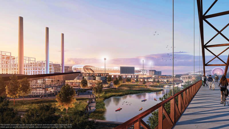 The Larry H. Miller Company and Miller family unveiled renderings for the Power District, a nearly 100-acre site adjacent to the Utah State Fairpark and the Jordan River on Feb. 15, 2024. Here is a view from Archuleta Bridge looking north toward the Power District.