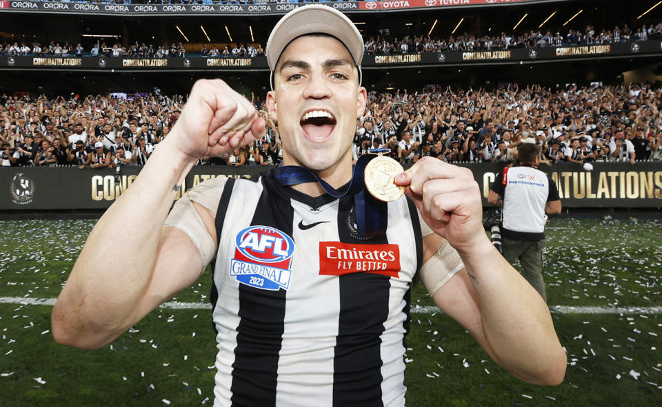 Brayden Maynard, pictured here with his premiership medal after Collingwood's AFL grand final triumph.