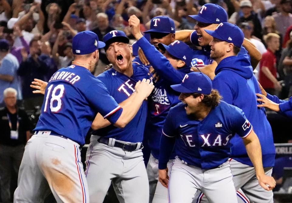 The Texas Rangers celebrate after defeating the Arizona Diamondbacks in Game 5 to become the 2023 World Series champions at Chase Field on Nov 1, 2023.