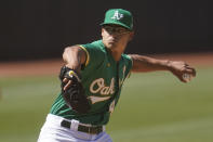 FILE - Oakland Athletics' Jesus Luzardo pitches against the Los Angeles Angels during the ninth inning of a baseball game in Oakland, Calif., in this Sunday, May 30, 2021, file photo. Outfielder Starling Marte was traded Wednesday, July 28, 2021, by the Miami Marlins to the Oakland Athletics for left-hander Jesús Luzardo. (AP Photo/Jeff Chiu, File)