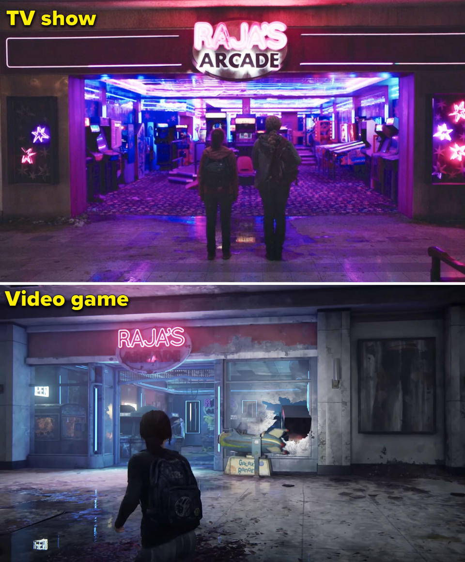 Side-by-side screenshots from "The Last of Us" movie and game