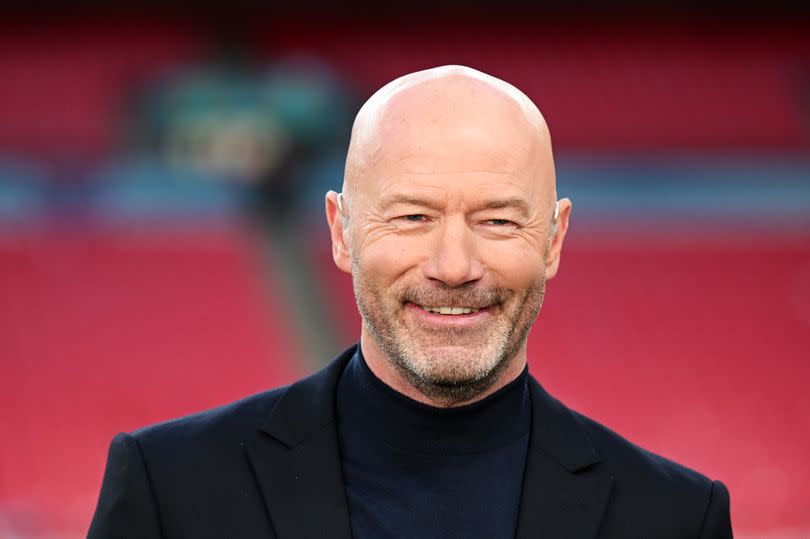 Alan Shearer looks on during the Emirates FA Cup Semi Final match between Manchester City and Chelsea at Wembley Stadium on April 20, 2024 in London, England