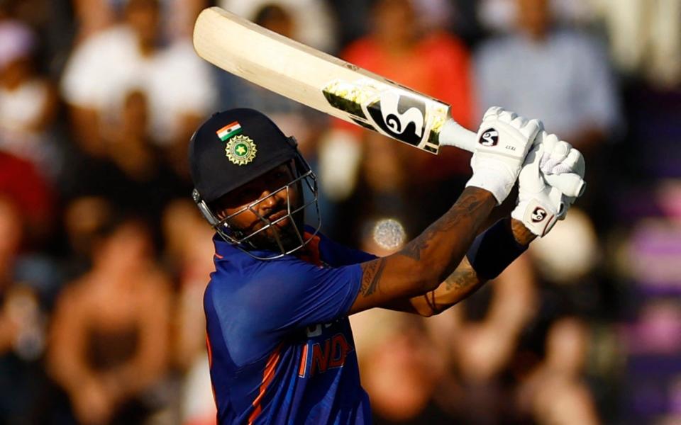 India's Hardik Pandya scores a six  - Action Images via Reuters/Andrew Boyers