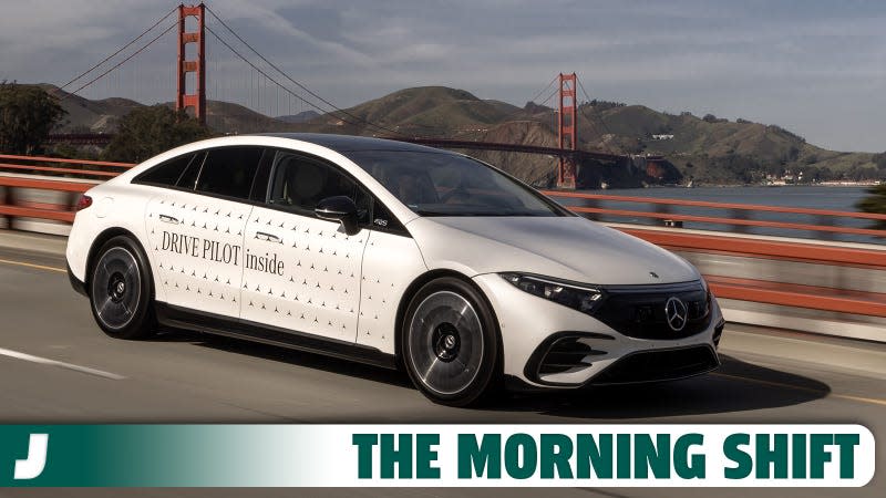 A Mercedes-Benz EQS equipped with Drive Pilot technology drives on a road in San Francisco.