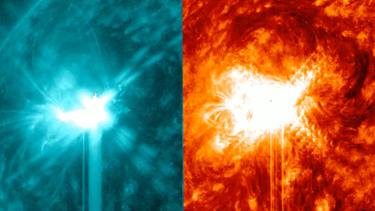  Two bright flashes of light on the surface of the sun. 