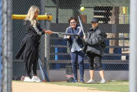 <p>Play ball! The sisters and their mom were seen playing softball while filming a new episode of <em>Keeping Up With the Kardashians</em> on Tuesday. Kris tossed a few pitches to Kim, who did her best to hit the ball. Pregnant Khloé played for a bit but stood mostly on the sidelines taking care of her bump. (Photo: Bahe/BackGrid)<br><br></p>