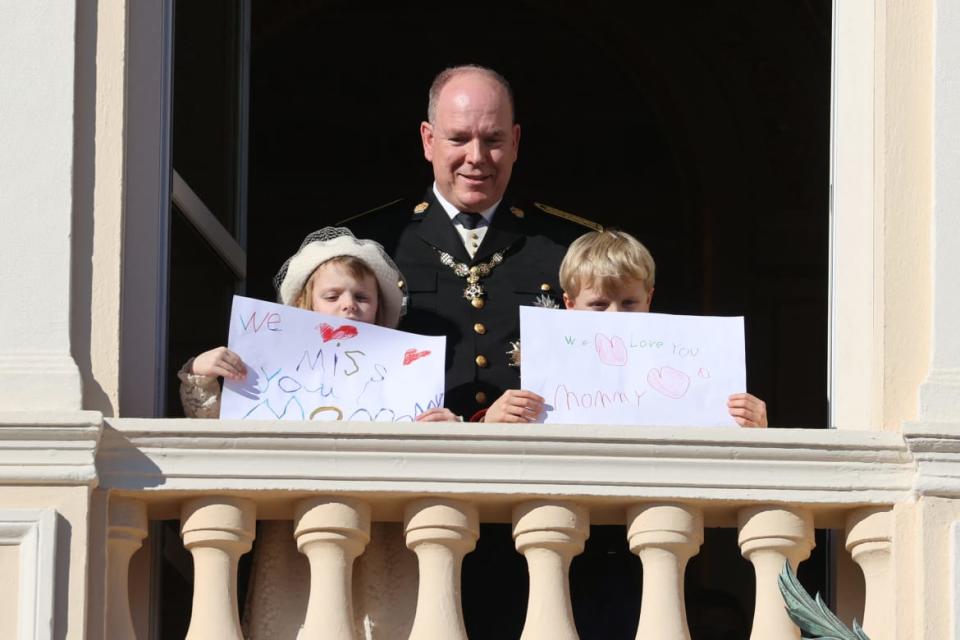 <div class="inline-image__caption"><p>Prince Albert II of Monaco and his children, Princess Gabriella and Prince Jacques, stand with a message for their mother, Princess Charlene, at the balcony of Monaco Palace on Nov. 19, while she was in Switzerland for exhaustion.</p></div> <div class="inline-image__credit">Valery Hache/AFP via Getty</div>