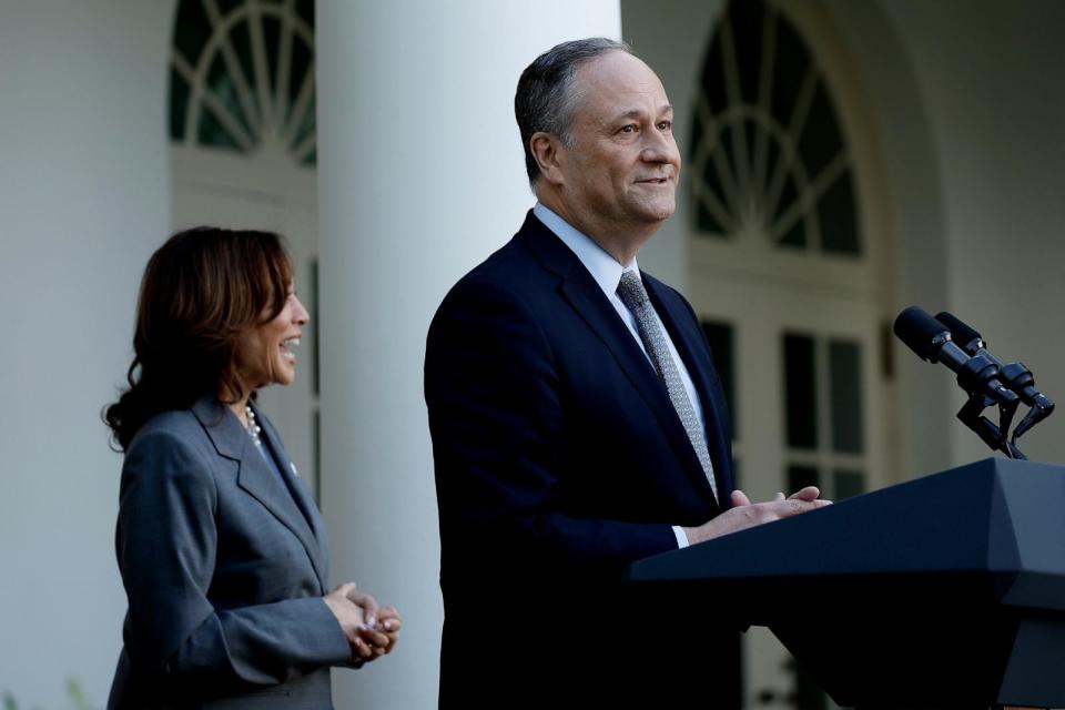 PHOTO: Second gentleman Doug Emhoff speaks alongside Vice President Kamala Harris during a reception celebrating Jewish American Heritage Month in the Rose Garden of the White House in Washington, DC, May 20, 2024. (Anna Moneymaker/Getty Images)