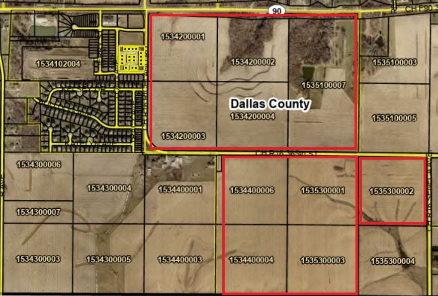 The red rectangles outline parcels of land in Dallas County the Microsoft Corp. bought in January 2024 for a new data center in Van Meter.