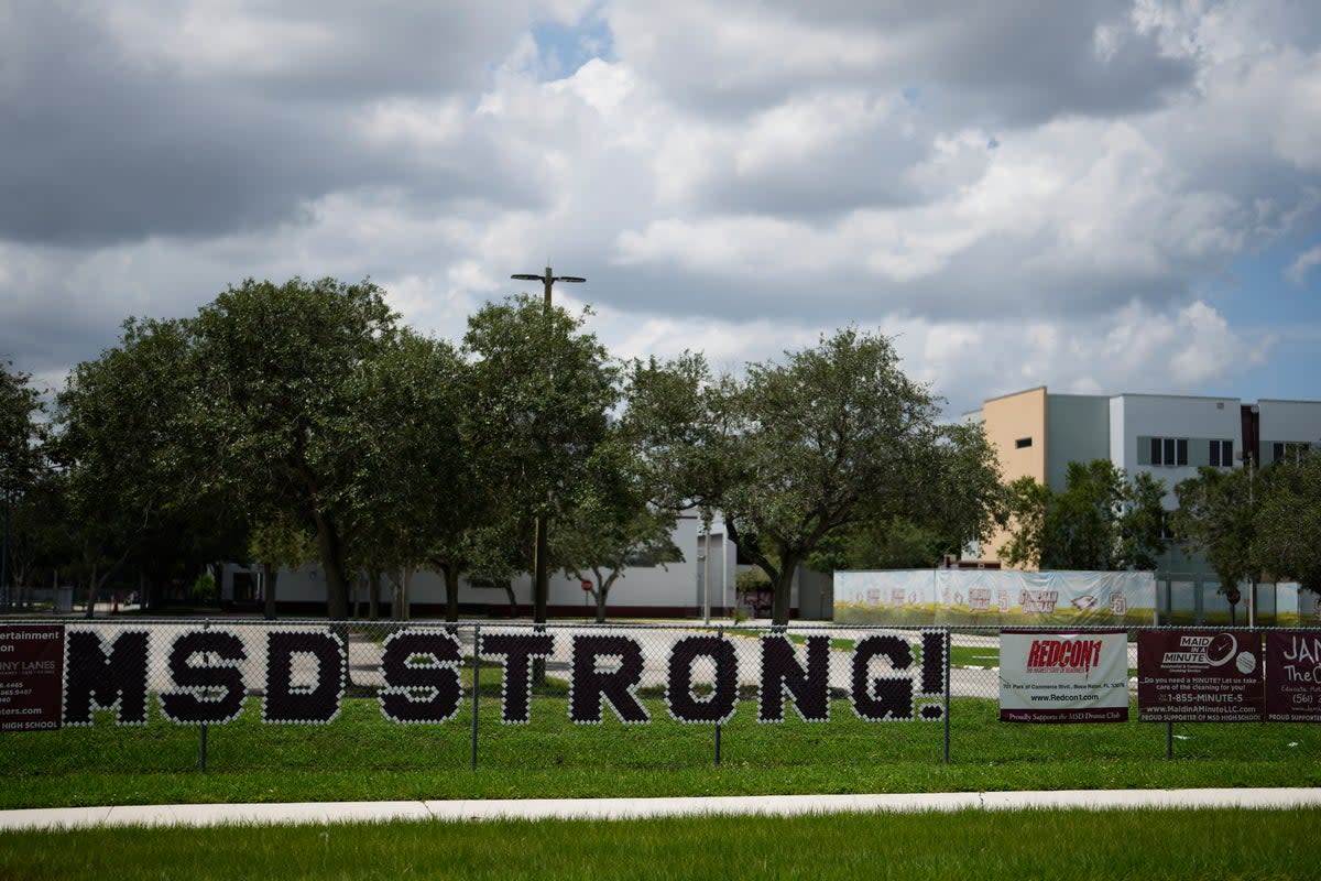 Letters on a fence read ‘MSD Strong’ outside Marjory Stoneman Douglas High School in Parkland, Fla., Wednesday, July 5, 2023. (Copyright 2023 The Associated Press. All rights reserved.)