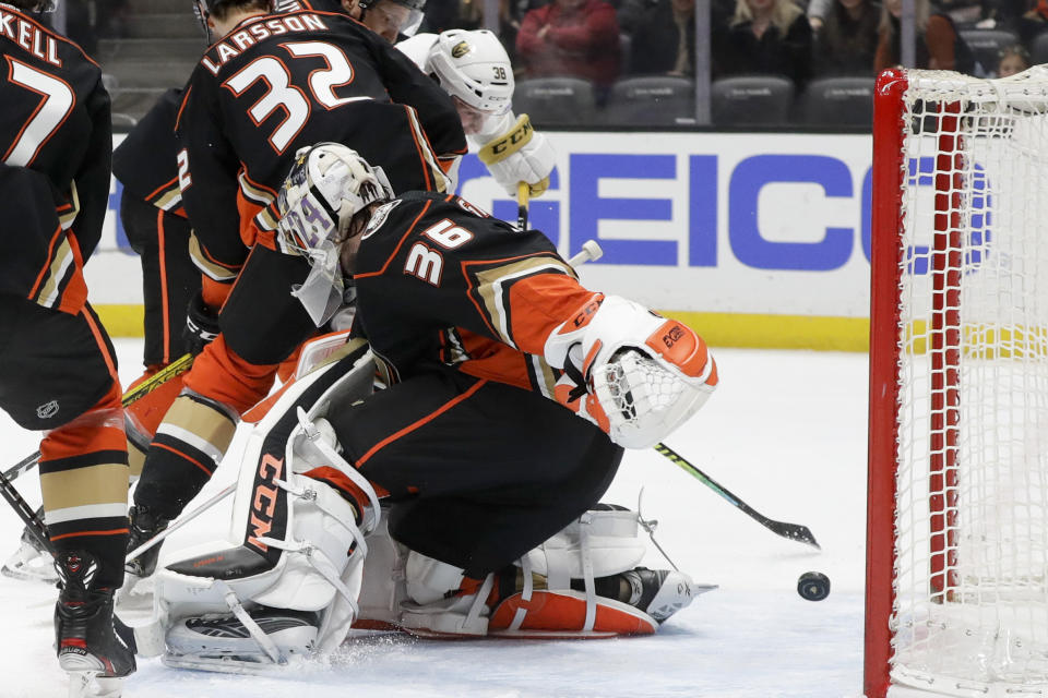 Vegas Golden Knights center Patrick Brown (38) scores past Anaheim Ducks goaltender John Gibson during the first period of an NHL hockey game in Anaheim, Calif., Sunday, Feb. 23, 2020. (AP Photo/Chris Carlson)