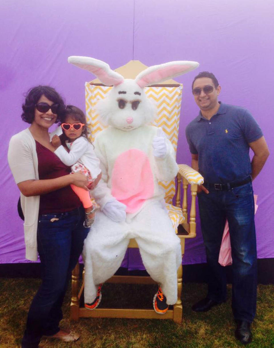 As you can see from the picture, my daughter is holding onto me for dear life! My husband is not convinced either! Creepy bunny.