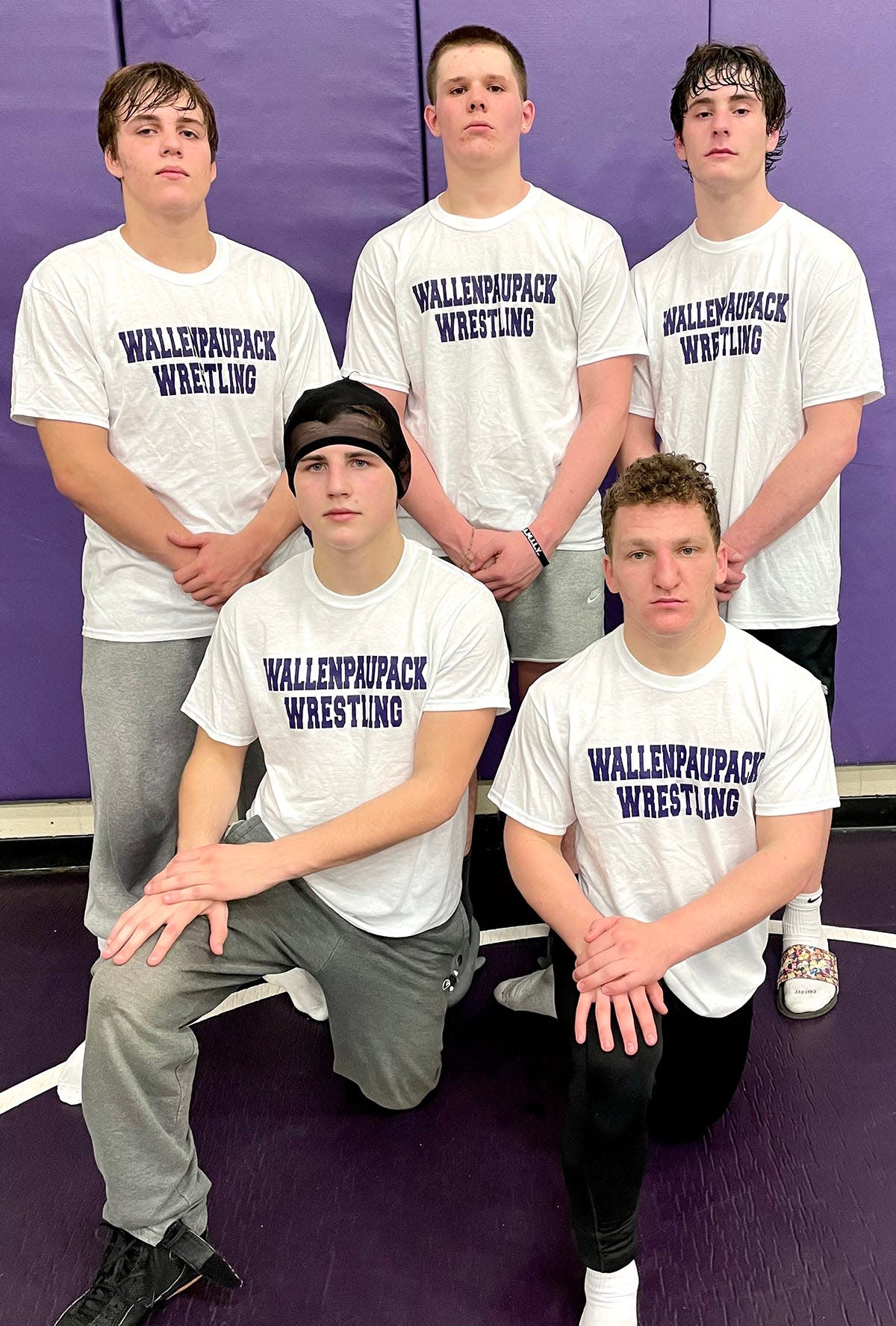 Wallenpaupack Area's varsity wrestling line-up will feature five returners who qualified for last year's Northeast Regional Tournament. Pictured here are (kneeling, from left): Gunnar Myers, Jaden Colwell. Standing are: Conan Kier, Xaiden Schock, Henry Baronowski.