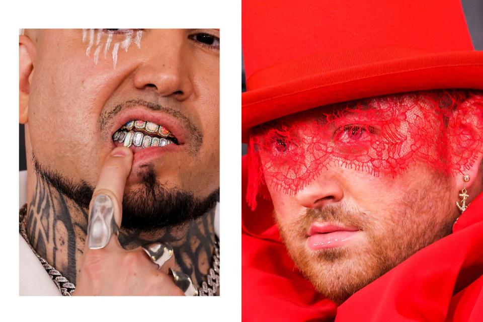 A diptych: A man with a tattooed neck grins and shows off jewel-studded teeth, and at right a man wears a red hat with lace.