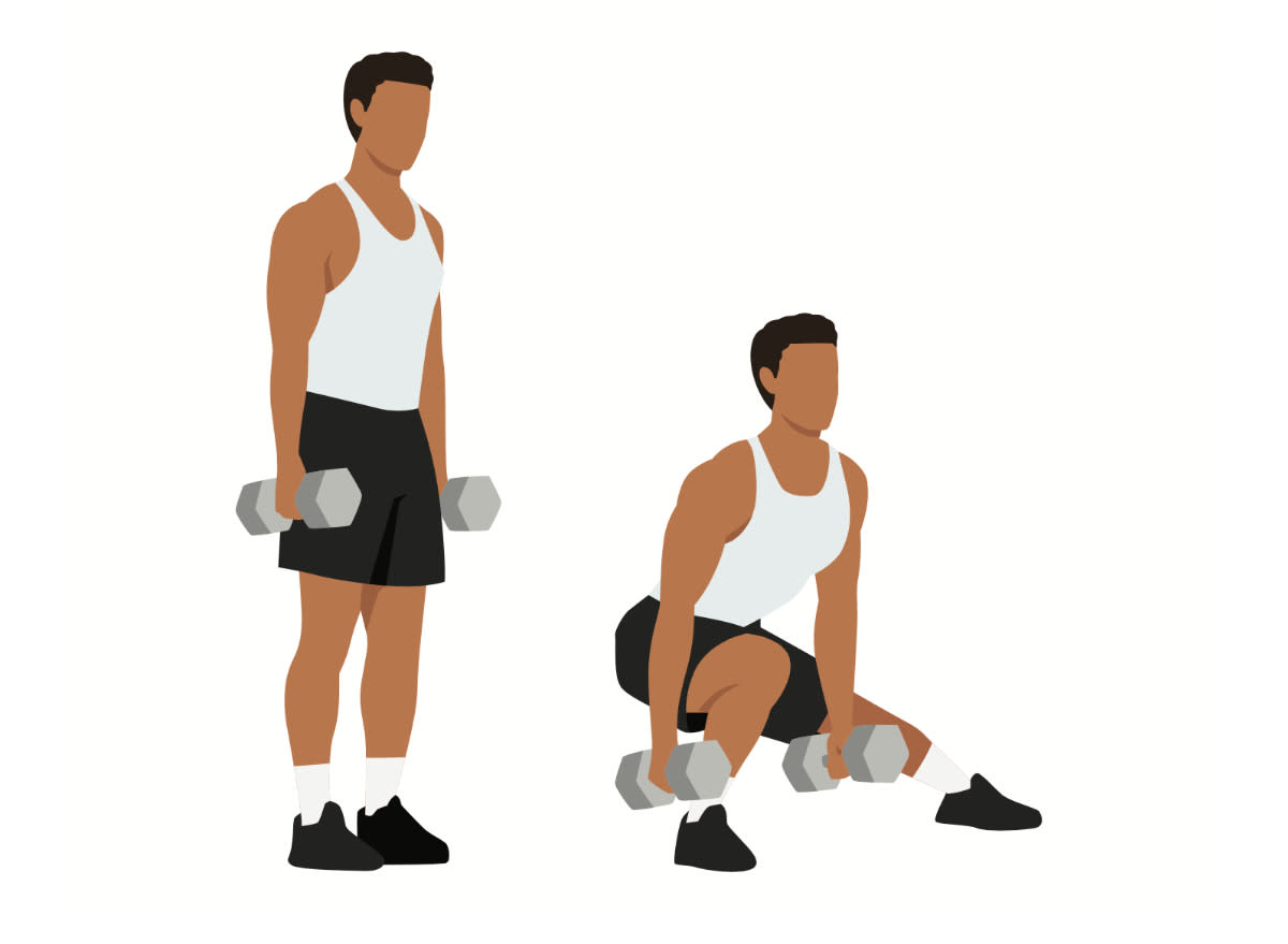 man doing lateral squat/lunge with dumbbells illustration