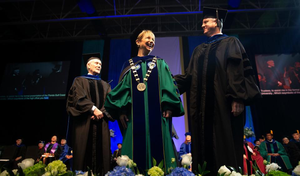 Aysegul Timur was installed as president of Florida Gulf Coast University at Alico Arena on the FGCU campus on Friday, Jan. 12, 2024. On the right is Blake Gable, the chairman of the FGCU Board of Trustees. On the left is Edward Morton, vice-chairman of the FGCU Board of Trustees. Timur was unanimously confirmed as FGCU's fifth president by the Florida Board of Governors on June 22, 2023.