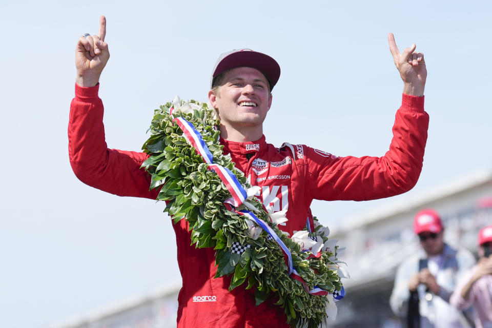 Marcus Ericsson, of Sweden, celebrates after winning the Indianapolis 500 auto race at Indianapolis Motor Speedway in Indianapolis, Sunday, May 29, 2022. (AP Photo/AJ Mast)