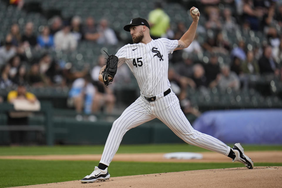 Chicago White Sox starting pitcher Garrett Crochet throws to a Boston Red Sox during the first inning of a baseball game Friday, June 7, 2024, in Chicago. (AP Photo/Erin Hooley)