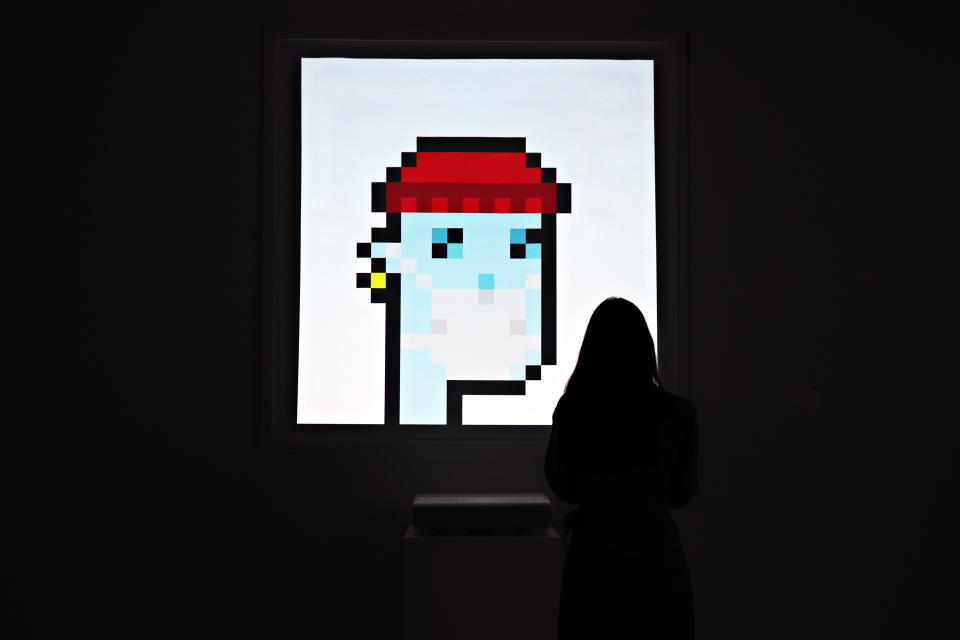 NEW YORK, NEW YORK - JUNE 04: An NFT titled 'CryptoPunk 7523' by Larva Labs is on display during a press preview of the upcoming Natively Digital: A Curated NFT Sale at Sotheby's on June 04, 2021 in New York City. 2 (Photo by Cindy Ord/Getty Images)