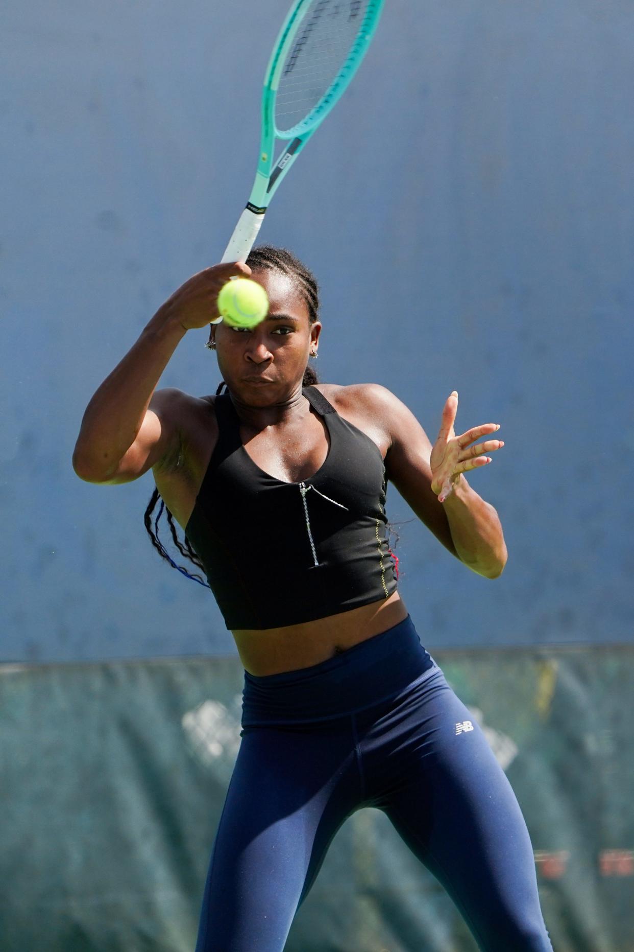 Coco Gauff practices at the Cincinnati Open, Monday, Aug. 12, 2024, at the Lindner Family Tennis Center in Mason.