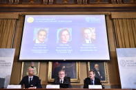 Goran K Hansson, Secretary General of the Royal Swedish Academy of Sciences, center, and academy members Peter Fredriksson, left, and Jakob Svensson announce the winners of the 2019 Nobel Prize in Economics during a news conference at the Royal Swedish Academy of Sciences in Stockholm, Sweden, Monday Oct. 14, 2019. The Nobel prize in economics has been awarded to Abhijit Banerjee, Esther Duflo and Michael Kremer "for their experimental approach to alleviating global poverty." (Karin Wesslen/TT via AP)