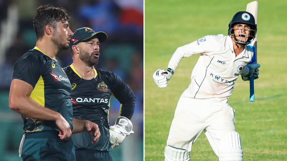 Marcus Stoinis and Matthew Wade talk and Joel Davies celebrates.