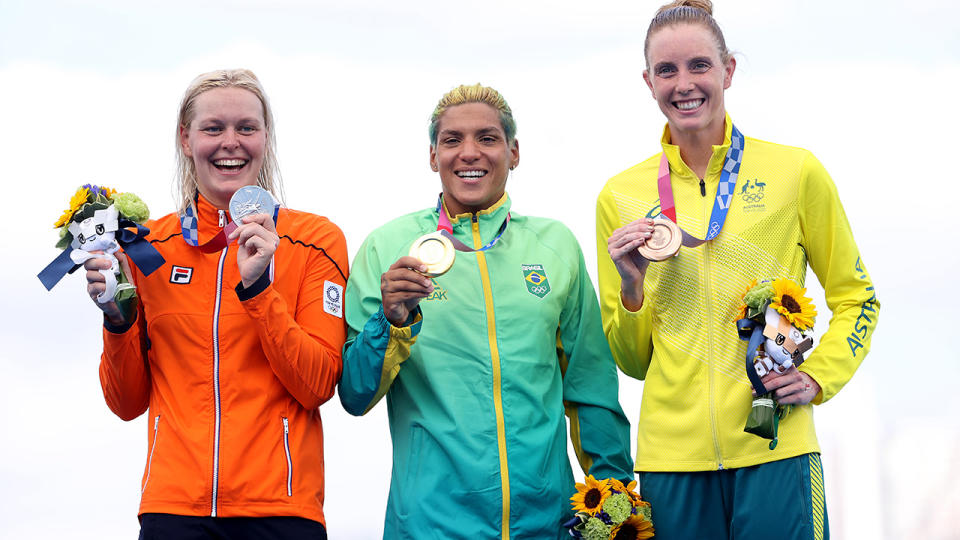 Sharon van Rouwendaal, Ana Marcela Cunha and Kareena Lee, pictured here with their medals after the marathon swim at the Olympics.