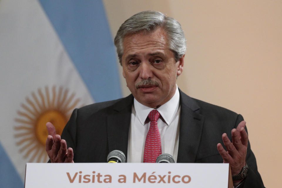 Argentina's President-elect Alberto Fernandez speaks to the press following a private meeting with Mexican President Andres Manuel Lopez Obrador, at the National Palace in Mexico City, Monday, Nov. 4, 2019.(AP Photo/Rebecca Blackwell)