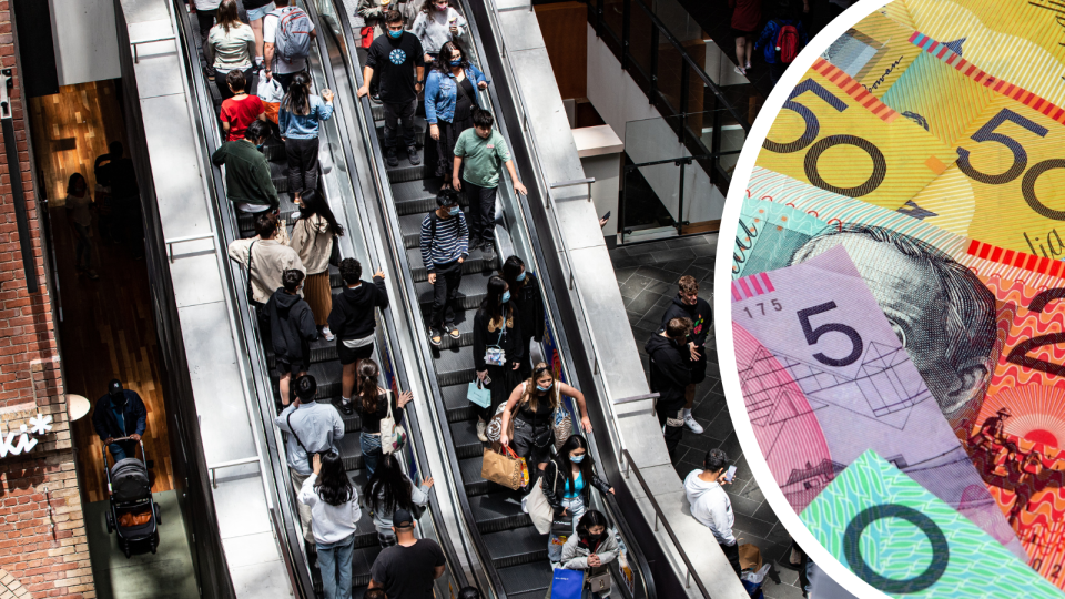 A composite image of Australian shoppers on an escalator and Australian currency to represent personal debt.