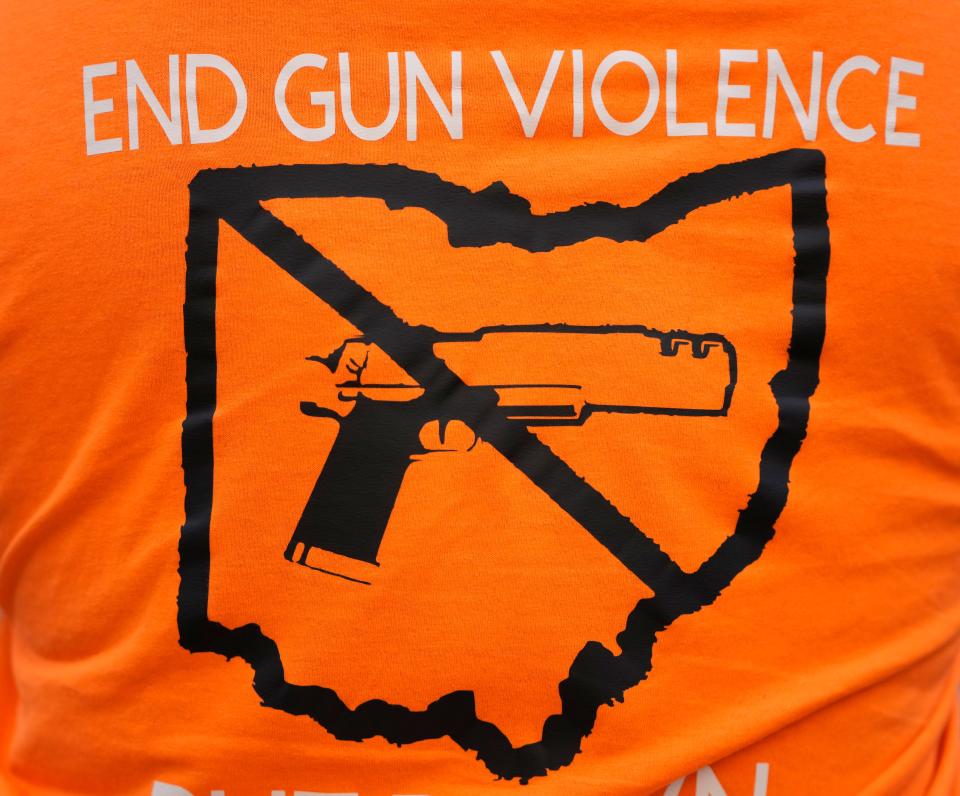 June 2, 2023; Columbus, Oh., USA;  City of Columbus leaders and activists held a Gun Violence Awareness Vigil at Columbus City Hall on Friday evening to honor those lost to gun violence and kick off "Wear Orange" Weekend. Mandatory Credit: Barbara J. Perenic/The Columbus Dispatch