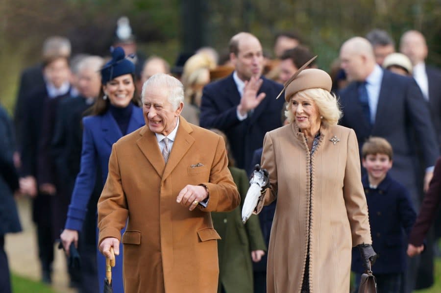 Britain’s King Charles III, Queen Camilla, Kate, the Princess of Wales, Princess Charlotte, William, the Prince of Wales, Prince George, Prince Louis arrive to attend the Christmas day service at St Mary Magdalene Church in Sandringham in Norfolk, England, Monday, Dec. 25, 2023. (Joe Giddens/PA via AP)