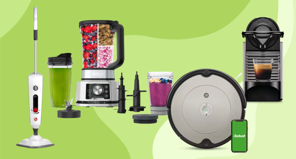 collage with canadian tire items: steam mop, robot vacuum, blender and espresso maker