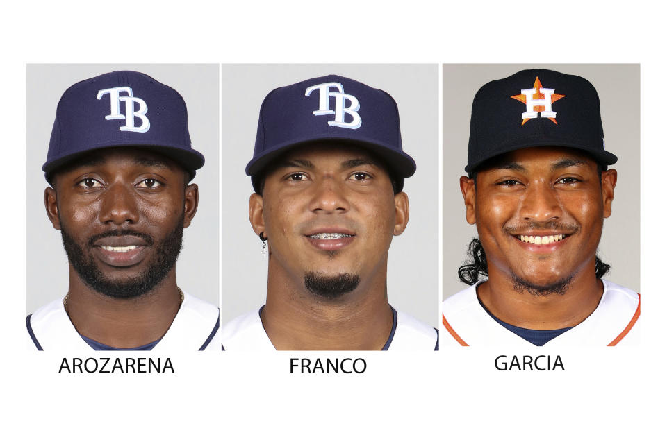 THIS CORRECTS THE HEADSHOT OF HOUSTON ASTROS LUIS GARCIA - FILE - The BBWAA announces its winners for baseball Rookie of the Year in both the American League and National League, Monday, Nov. 15, 2021. The AL finalists are Tampa Bay's Randy Arozarena and Wander Franco, along with Houston's Luis Garcia. (AP Photo/Pool via AP, File)