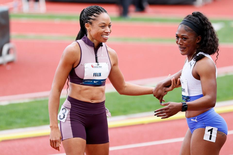 Allyson Felix and Christania Williams compete at the USATF Grand Prix at Hayward Field on April 24, 2021 in Eugene, Oregon.