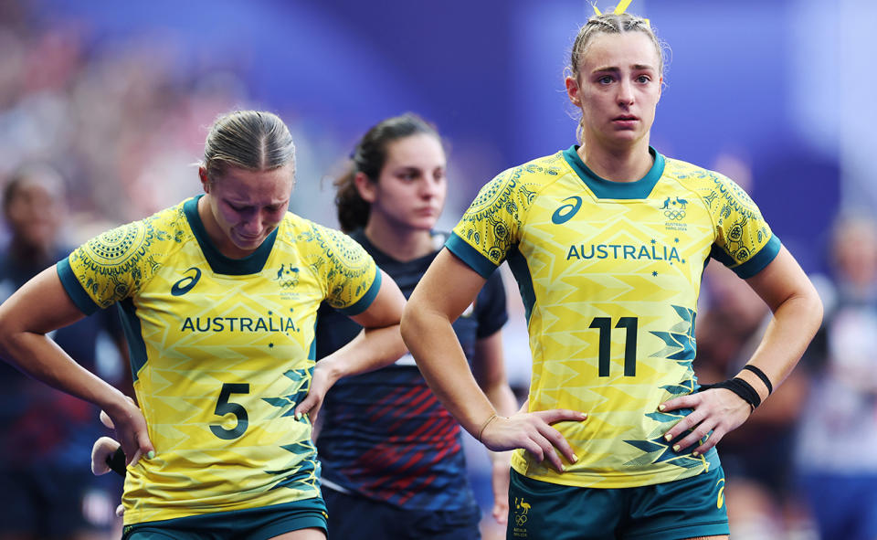 Teagan Levi and Bridget Clark in tears at the Olympics.