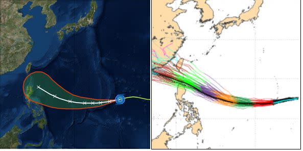 <span><span>10日2時氣象局「路徑潛勢預測圖」(左圖)及9日20時歐洲系集模擬(右圖)顯示，太平洋高壓模擬得較原先強，使得路徑潛勢及模式系集成員的路徑又稍往南調整。</span><span>因為是超過5天的模式模擬，仍會不斷的微調，應耐心觀察。</span><span>（截取自「三立準氣象·老大洩天機」專欄 )</span></span>