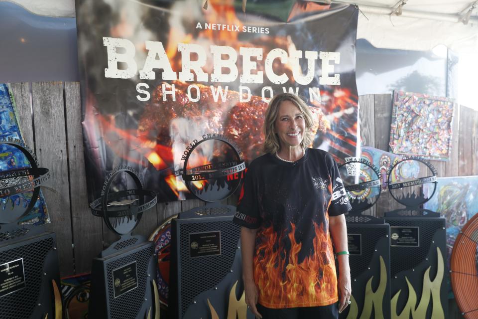 At Yazoo’s Delta Q booth, Melissa Cookston talks about her upcoming cooking show on Netflix on May 18, 2023, during the Memphis in May World Championship Barbecue Cooking Contest at Tom Lee Park in Downtown Memphis.