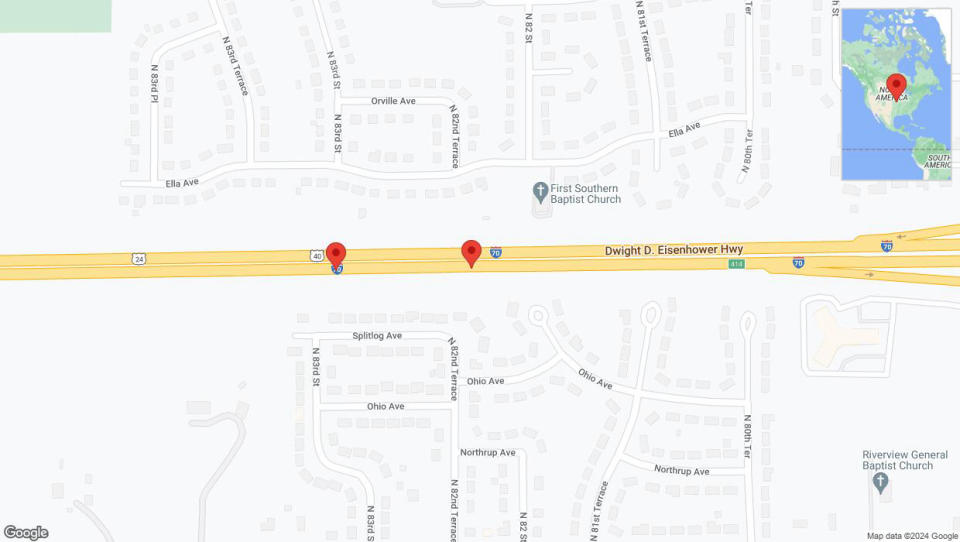 A detailed map that shows the affected road due to 'Crash update: I-70' on May 14th at 10:17 p.m.