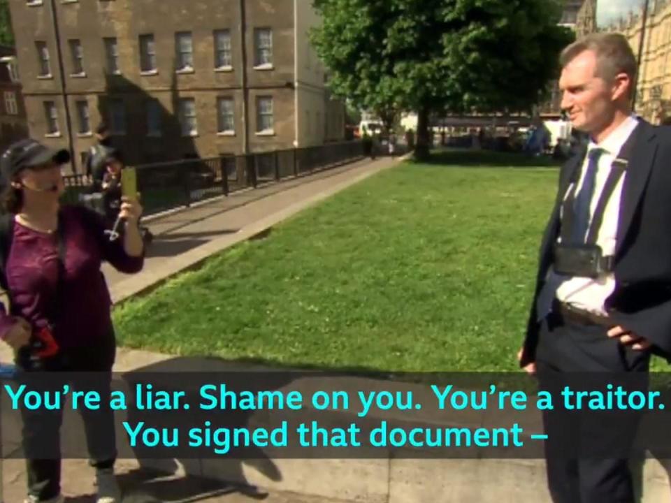 A Conservative Brexiteer MP has been called a “liar” and a “traitor” during an extraordinary exchange with a Leave supporter during a television interview.David Davies was speaking to BBC Wales outside parliament about a rise in abuse towards politicians when he was confronted by a passing woman, who accused him of “acting like a snowflake” and being a “remoaner”.“I voted to leave, actually,” the Monmouth MP responded. “I’m not a snowflake.”He added: “I was actually campaigning for Brexit and have been for years, so I don’t need to be given lectures by people like you.”But the woman, wearing a microphone and filming Mr Davies on her mobile phone, told the Conservative he was “a liar” after he confirmed he voted for Theresa May’s Brexit deal.“Shame on you. You’re a traitor,” she added. “You’ve betrayed 17.4 million people.”Mr Davies responded: “I tell you what, people like you make me want to join the EU again quite honestly.”Turning to the camera towards the end of the three-minute exchange, the Tory MP said: “And that’s what you have to put up with when you’re out here all the time.”One viewer, writing on Twitter, said the confrontation between two staunch Leave supporters “kind of sums the whole sorry mess” of Brexit.“BBC manages to find the personification of Brexit during David Davies interview,” added another.A third wrote: "David Davies meets the contents of Pandora’s box. Wonder if it’s sunk in yet?"Labour Welsh Assembly member Alun Davies said the spat “showed the need for a conversation about how we can disagree with each other, have a serious debate and rebuild our politics”.Mr Davies replied: “I can start by agreeing with you 100% on that Alun!”The Tory MP has taken to wearing a GoPro camera around his neck in public to document any abuse from members of the public.He told The Independent in January the footage he captured was also for his “protection” against “malicious allegations”.