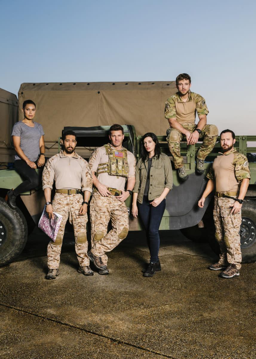 Toni Trucks, Neil Brown Jr., David Boreanaz, Jessica Paré, Max Thieriot, and AJ Buckley in <em>SEAL Team</em>. (Photo: Cliff Lipson/CBS)