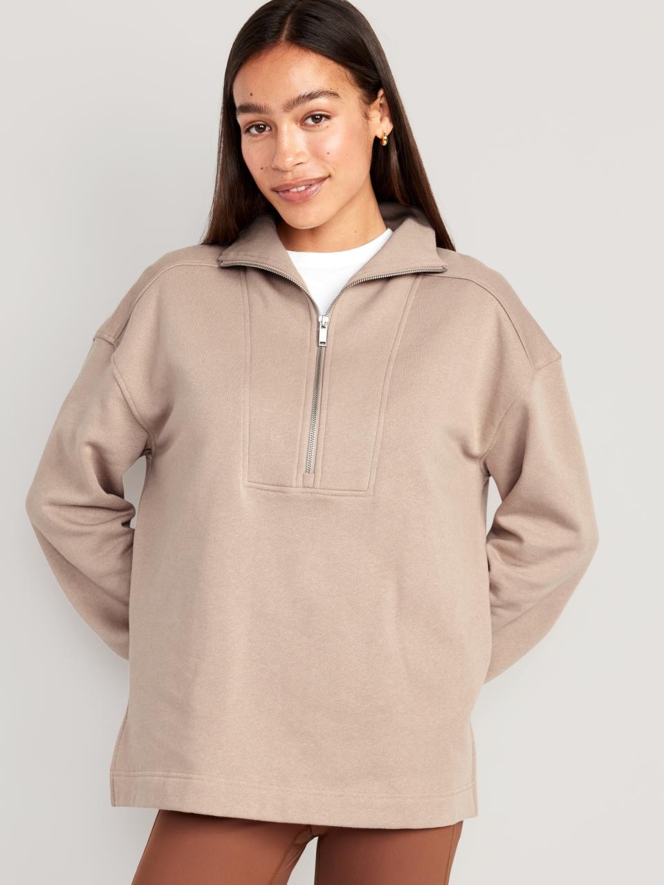 someone wearing the Oversized Half-Zip Pullover Tunic