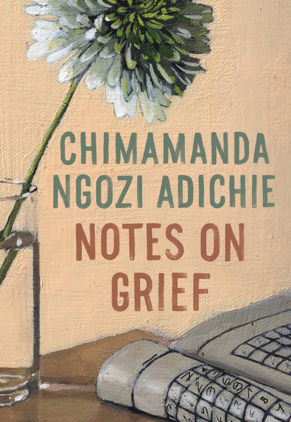 The book cover for "Notes on Grief" shows a flower in a glass of water and a sudoku puzzle