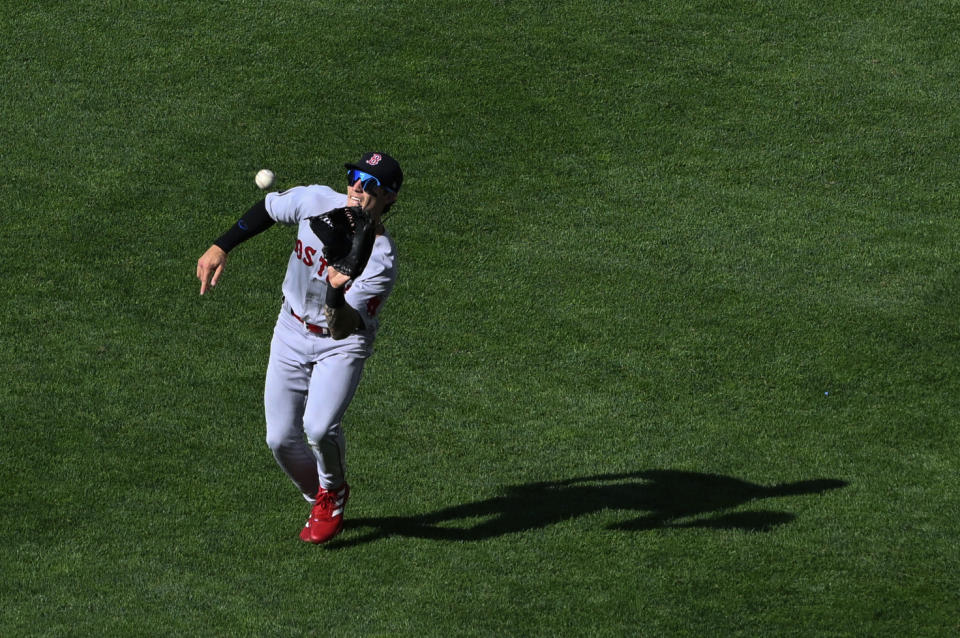 Boston Red Sox right fielder Jarren Duran catches a fly ball hit by Baltimore Orioles' Tyler Nevin during the third inning of a baseball game, Saturday, Aug 20, 2022, in Baltimore. (AP Photo/Terrance Williams)