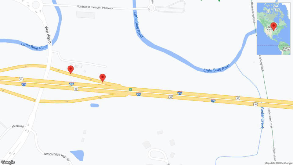 A detailed map that shows the affected road due to 'Crash reported on View High Drive in Lee's Summit' on January 4th at 9:33 p.m.