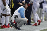 Tennessee Titans head coach Mike Vrabel watches from the sideline during the second half of an NFL football game against the Seattle Seahawks, Sunday, Sept. 19, 2021, in Seattle. (AP Photo/John Froschauer)