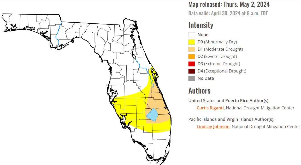 The U.S. Drought monitor released May 2, 2024 shows northern Palm Beach County in moderate drought.