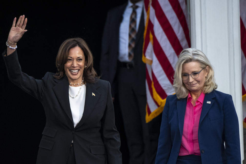 RIPON, WI - OCTOBER 3: Vice President Kamala Harris, left, greets former Republican Congresswoman Liz Cheney during a campaign event at Ripon College in Ripon, Wisconsin, on Thursday, October 3, 2024. (Photo by Joel Angel Juarez for The Washington Post via Getty Images)